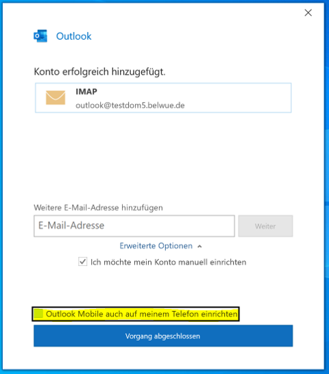 Outlook 2019 - Konto erfolgreich hinzugefügt